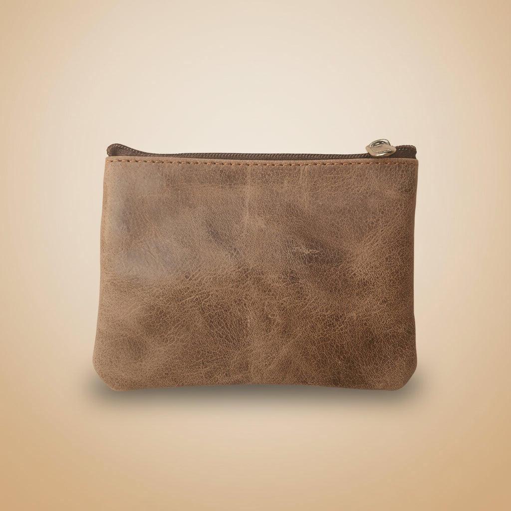 Brown leather wallet on a light gray background