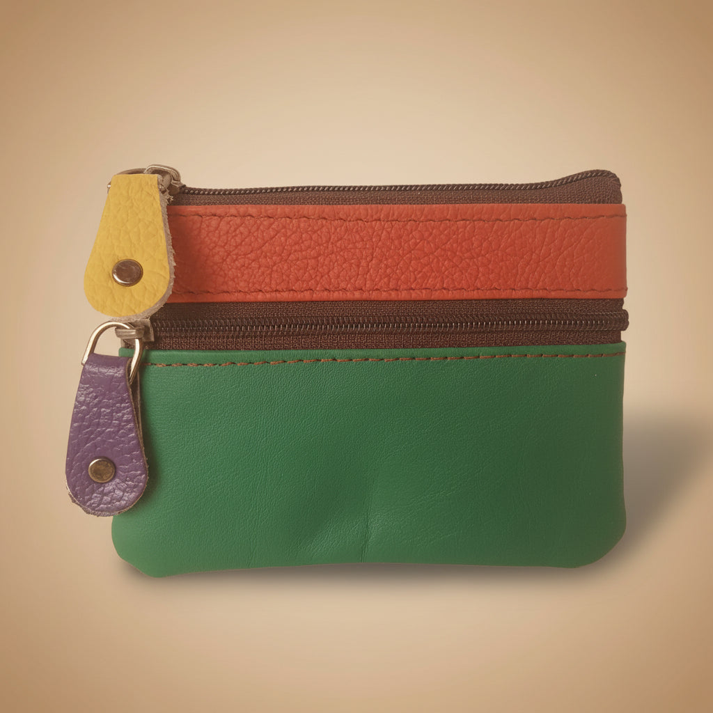 Green pouch with a zipper and keychain on a white background