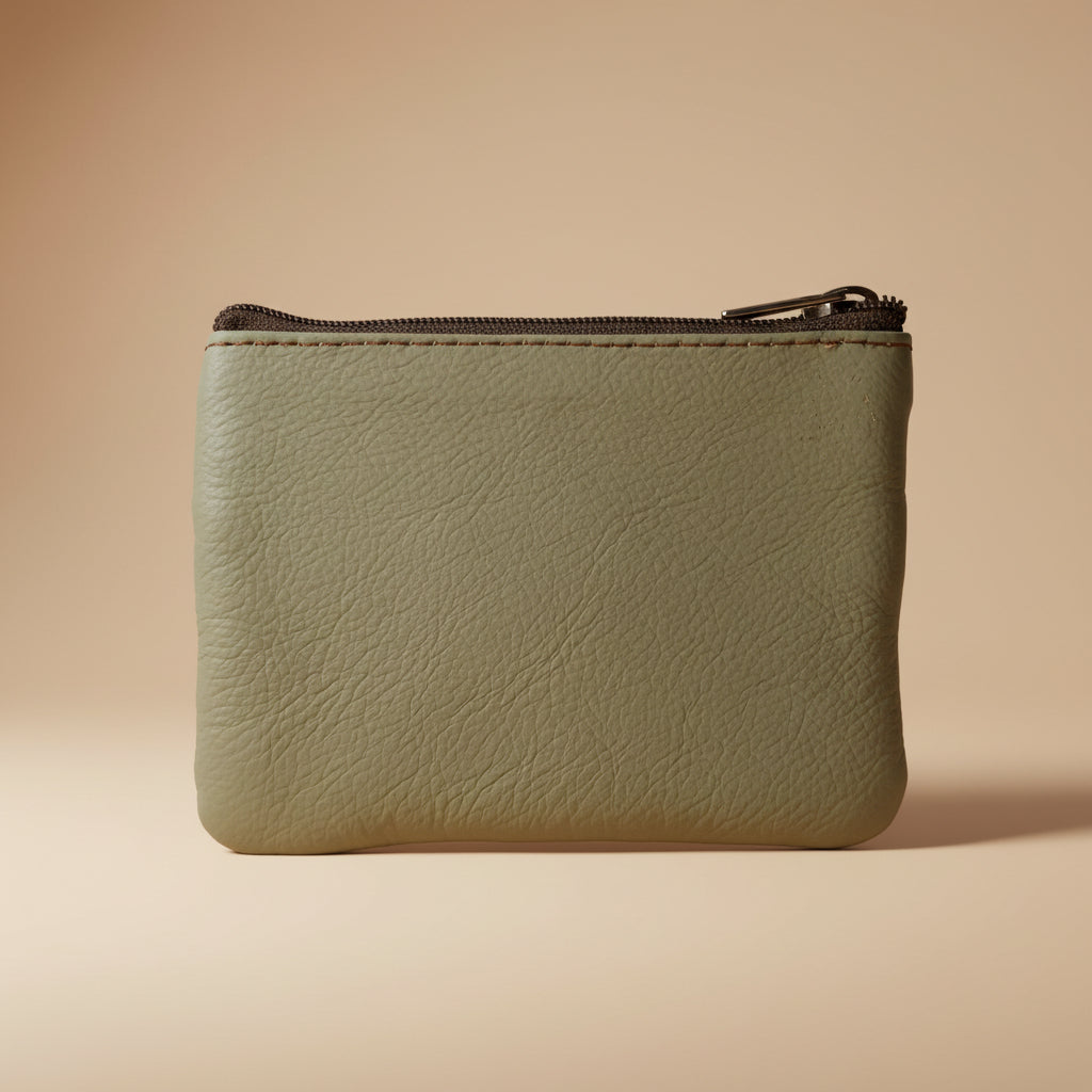Gray leather pouch with a zipper on a light gray background