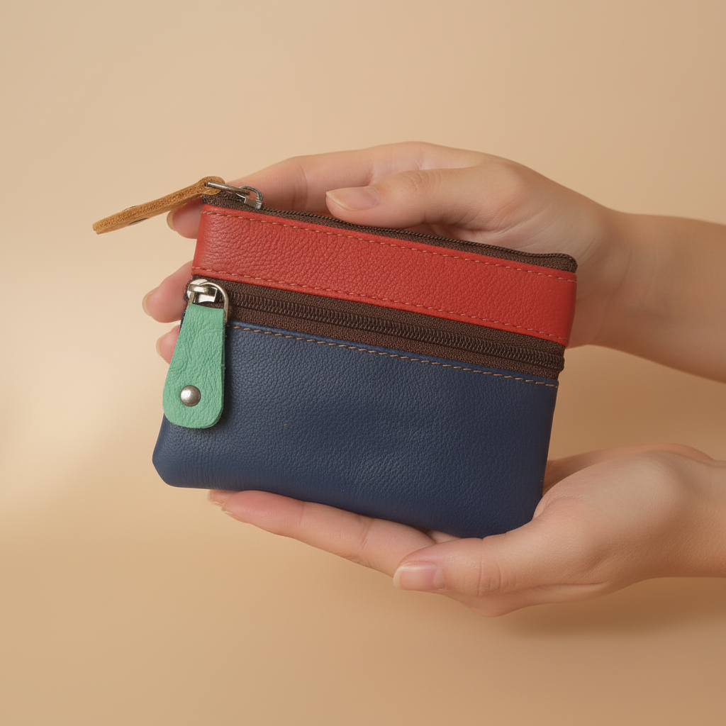 Hand holding a multicolored leather wallet against a beige background