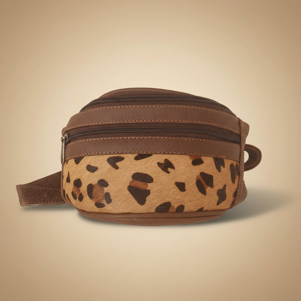 Small round pouch with leopard print pattern on a white background