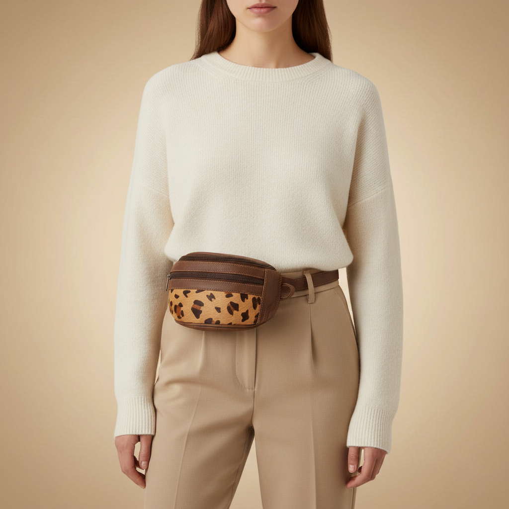 Person wearing a white sweater and beige pants with a leopard print fanny pack on a beige background