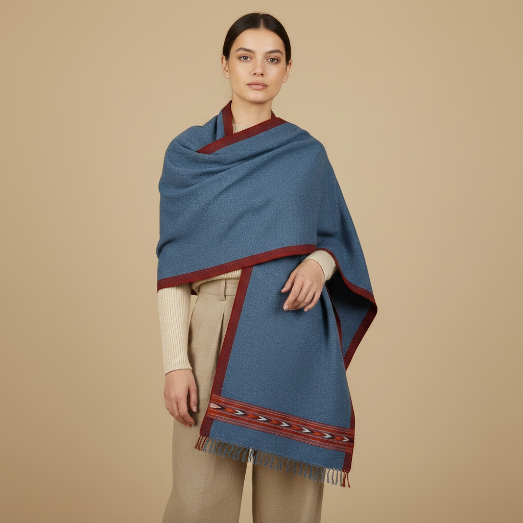 Woman wearing a blue shawl with red trim on a beige background