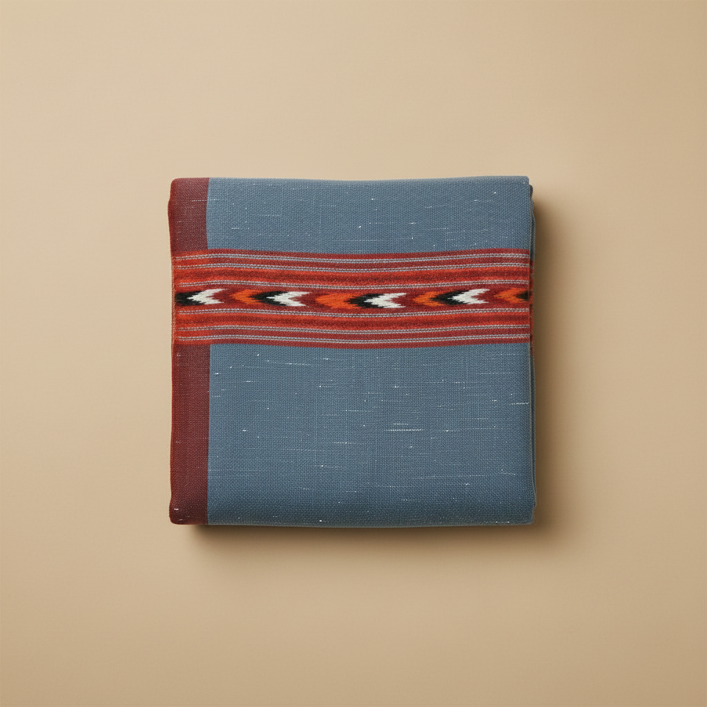 Folded fabric with a geometric pattern on a beige background
