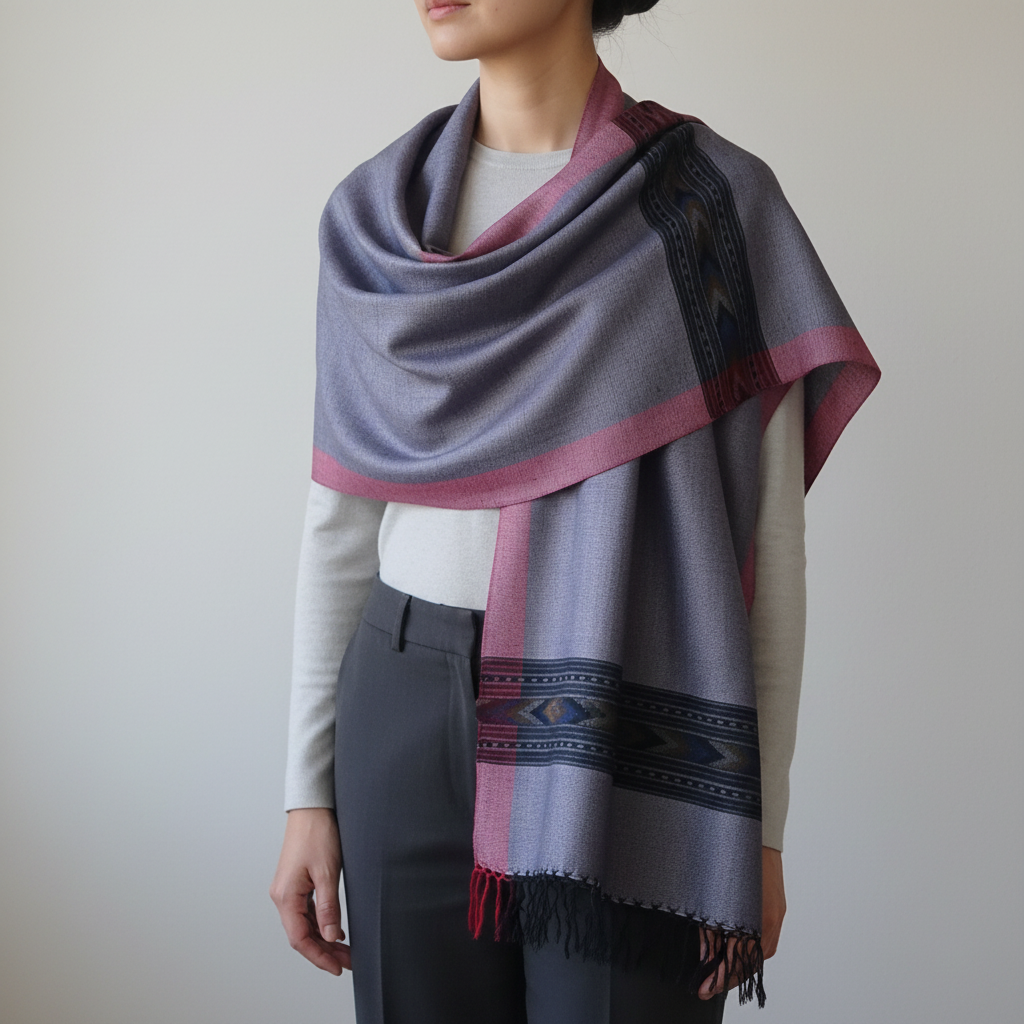 Person wearing a gray and pink patterned scarf against a plain background