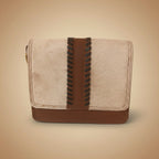 Two-tone leather wallet with brown and beige colors on a white background