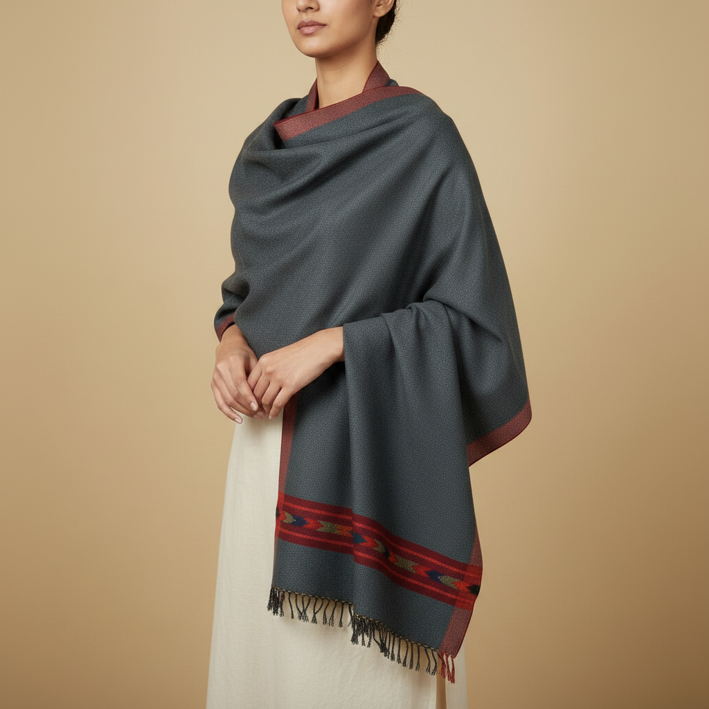 Slate Blue Kullu Wool Stole – Handwoven Himalayan Textile