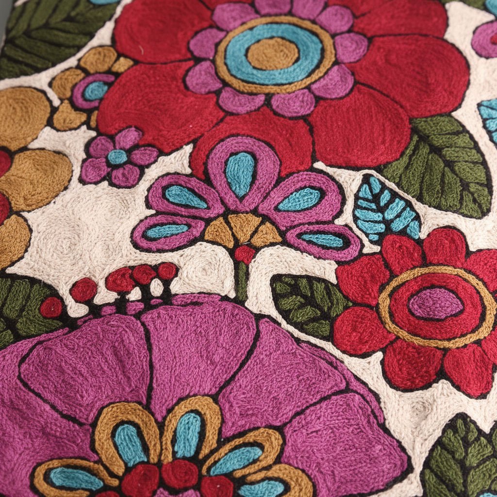 Close-up of a colorful floral pattern on a fabric surface
