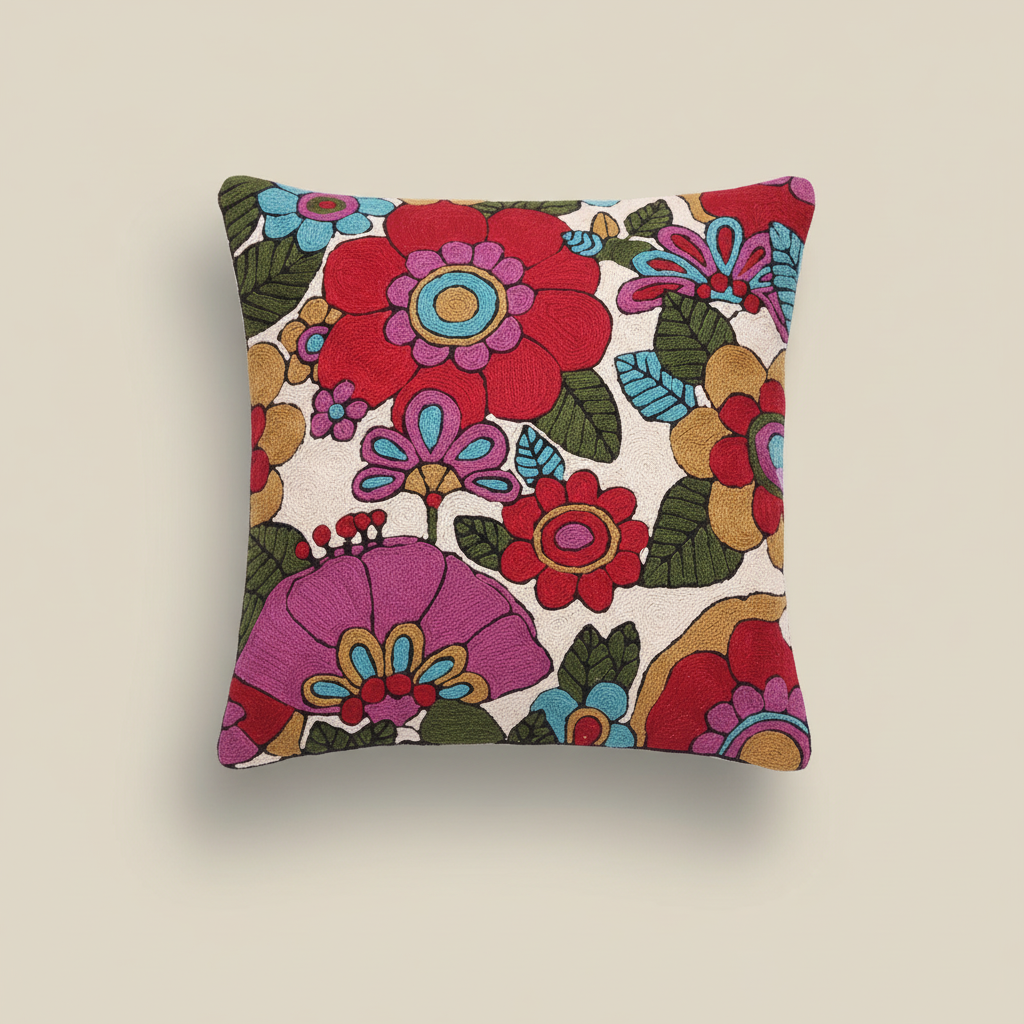 Colorful floral-patterned pillow on a beige background