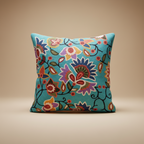 Colorful floral-patterned pillow on a beige background