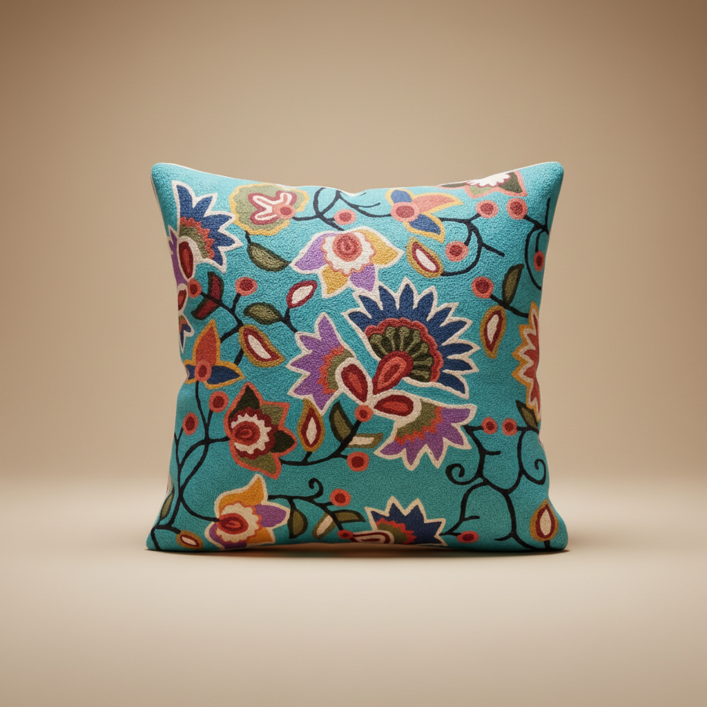 Colorful floral-patterned pillow on a beige background