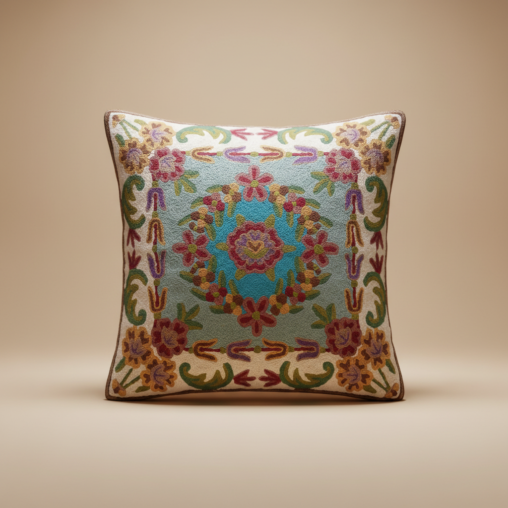 Decorative pillow with floral embroidery on a beige background