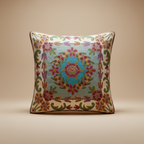 Decorative pillow with floral embroidery on a beige background