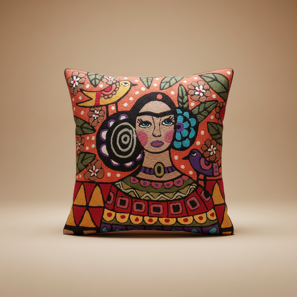 Decorative pillow with colorful artistic design on a beige background