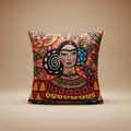 Decorative pillow with colorful artistic design on a beige background
