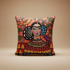 Decorative pillow with colorful artistic design on a beige background