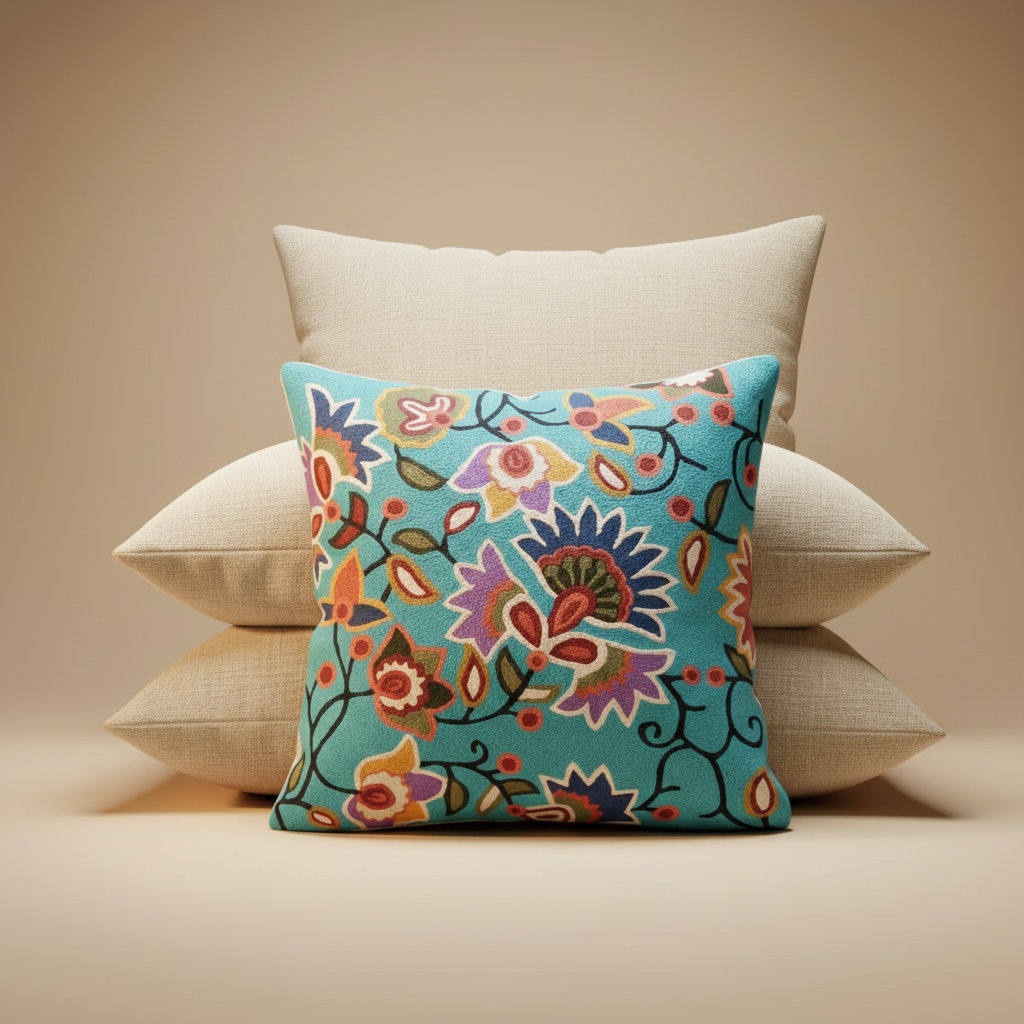 Kashmir Atelier – Zoya Turquoise Bloom Cushion (45 × 45 cm)