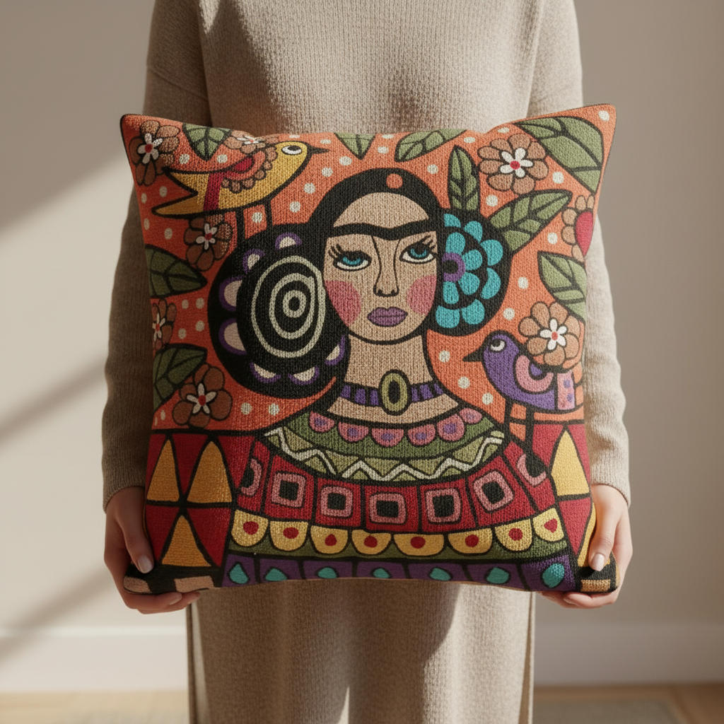 Kashmir Atelier – Folk Muse Portrait Cushion (45 × 45 cm)
