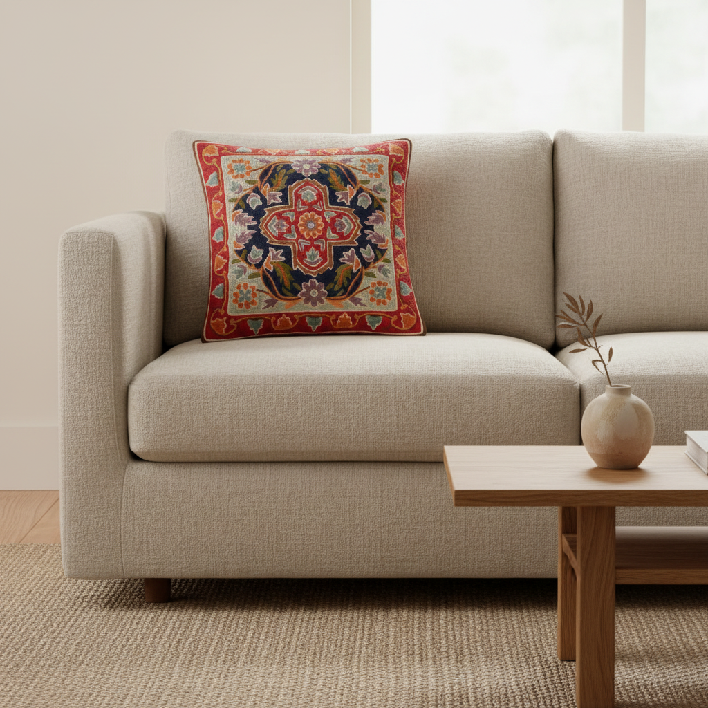 Beige sofa with a decorative pillow in a living room setting