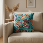 Kashmir Atelier – Zoya Turquoise Bloom Cushion (45 × 45 cm)