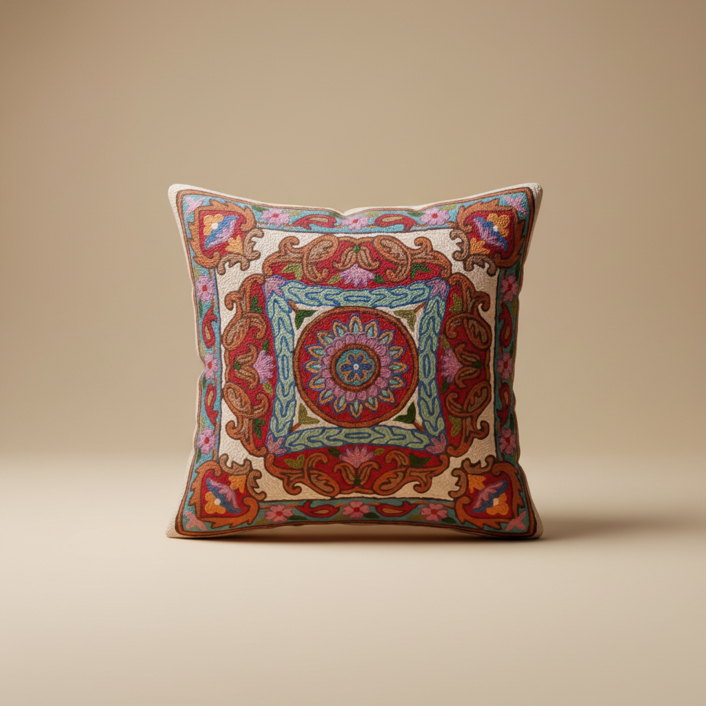 Decorative pillow with intricate patterns on a beige background