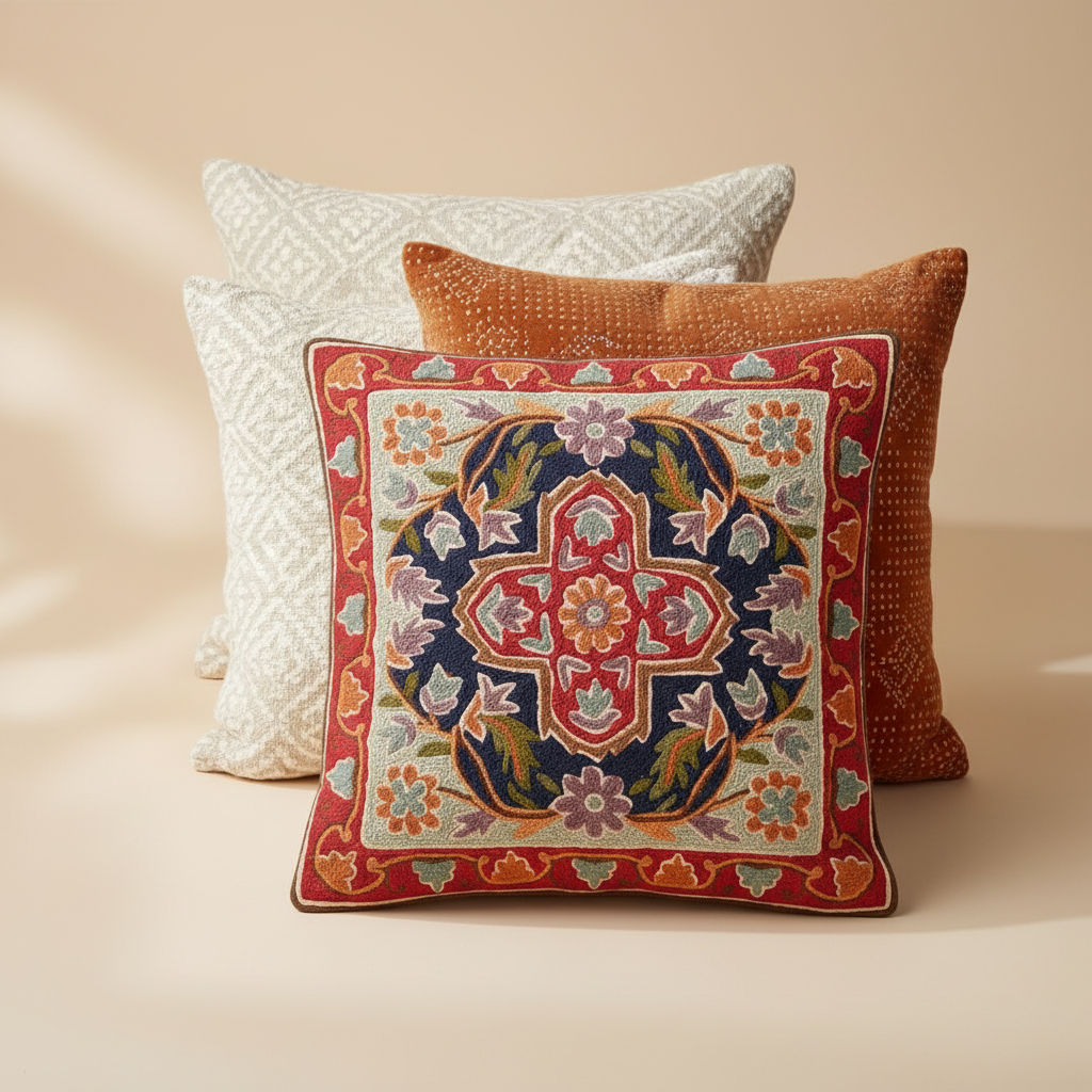Decorative pillow with intricate pattern on a beige background