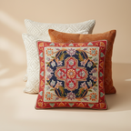 Decorative pillow with intricate pattern on a beige background