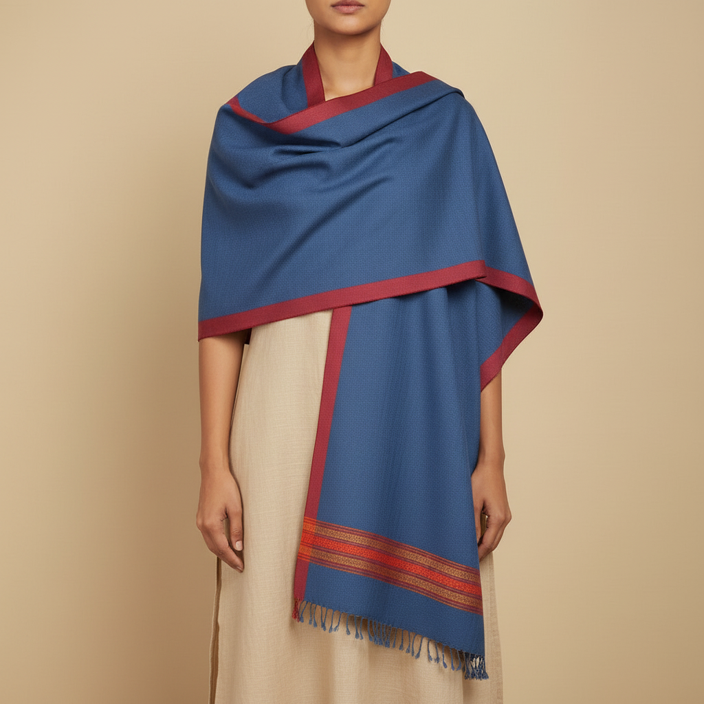 Deep Blue Kullu Wool Stole – Handwoven Himalayan Textile