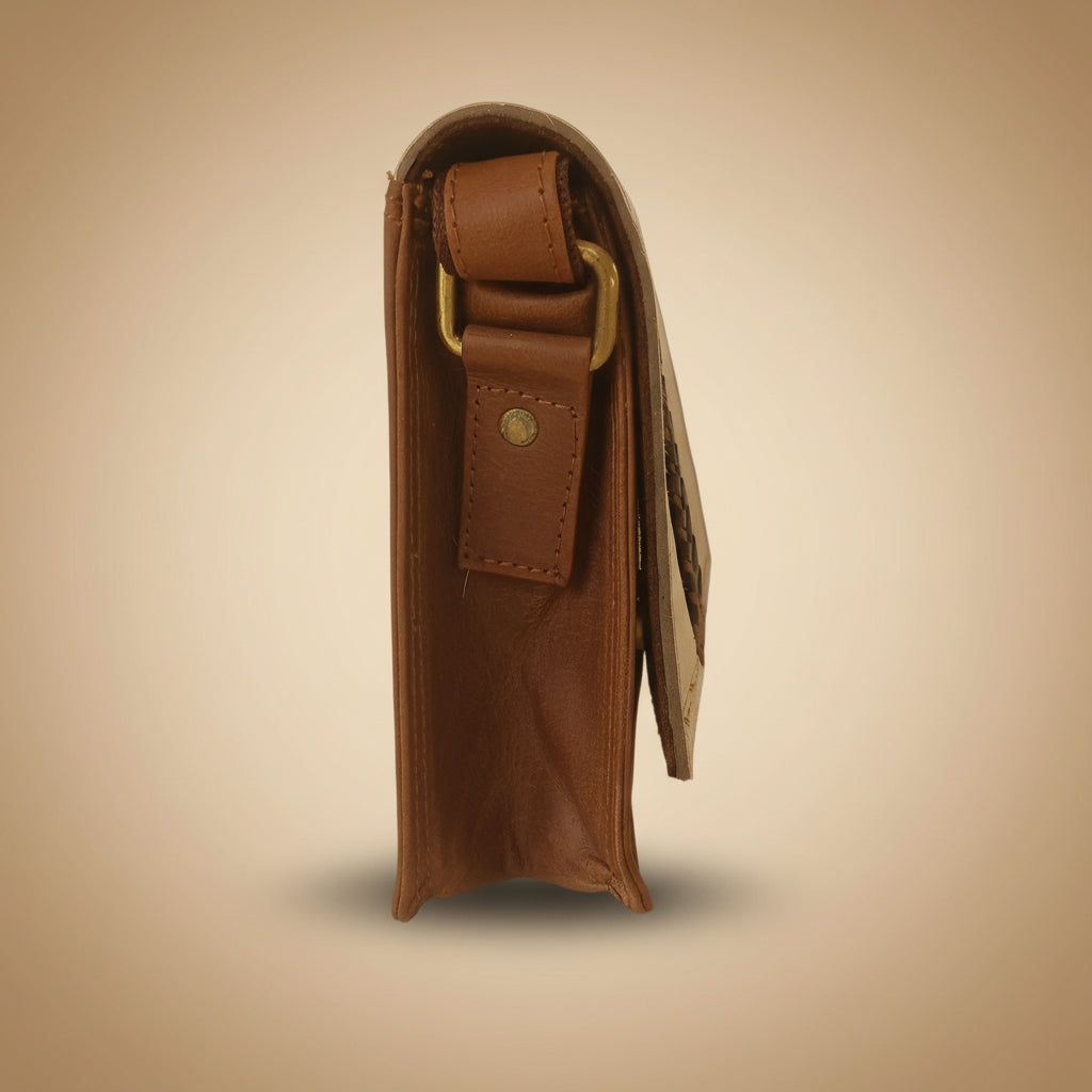 Brown leather wallet with a strap on a white background