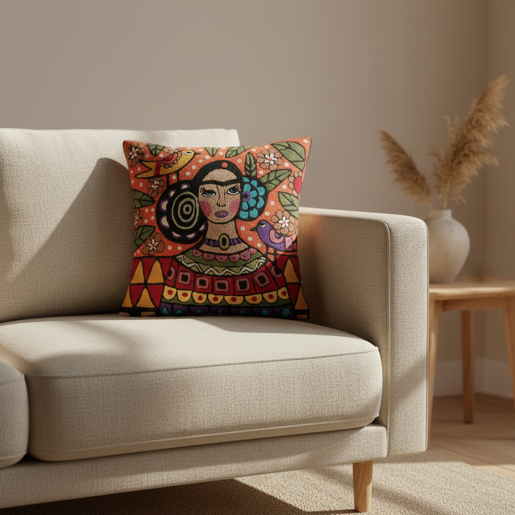 Kashmir Atelier – Folk Muse Portrait Cushion (45 × 45 cm)