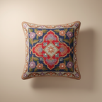 Decorative square patch with floral and geometric patterns on a plain background