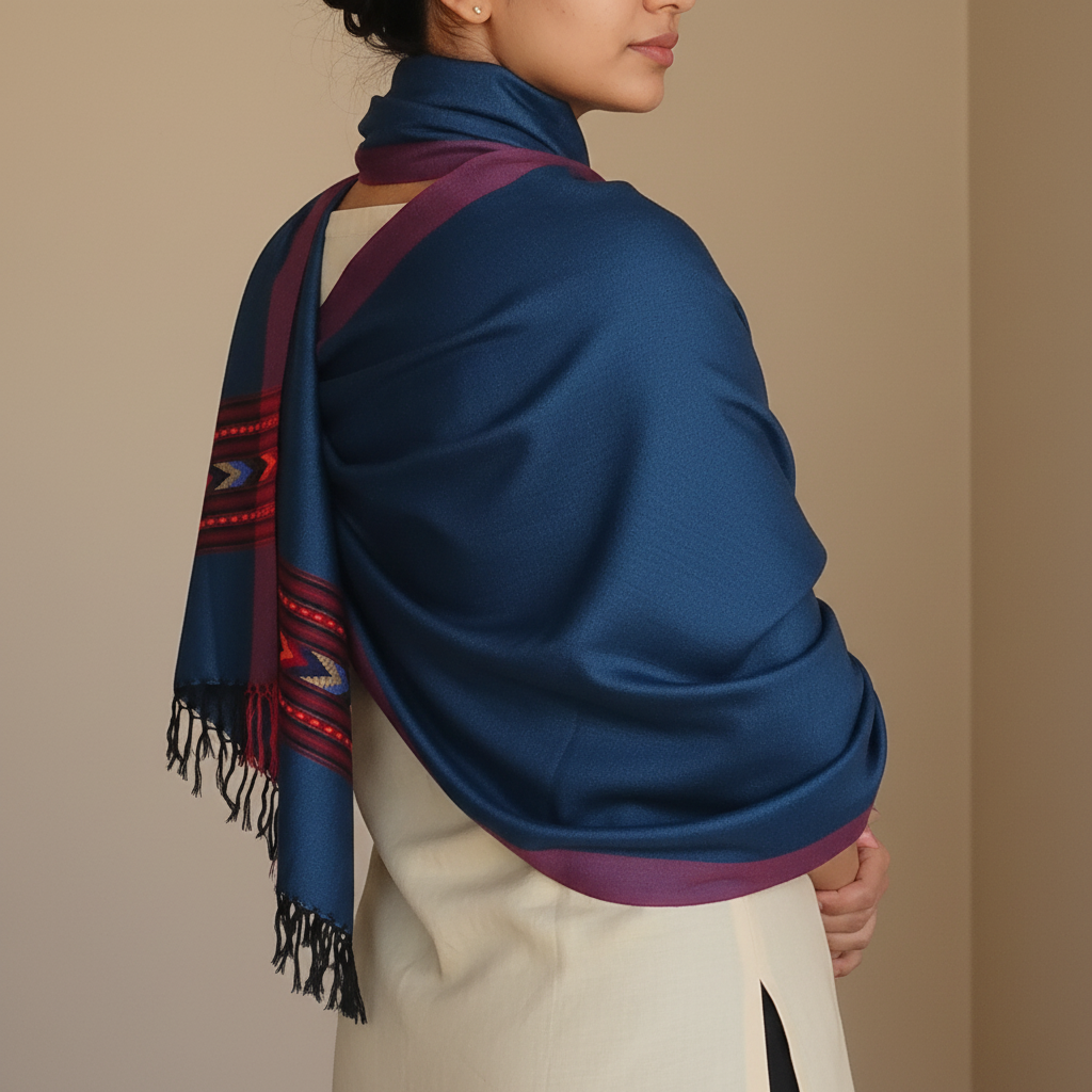 Teal Blue Kullu Wool Stole – Handwoven Himalayan Textile