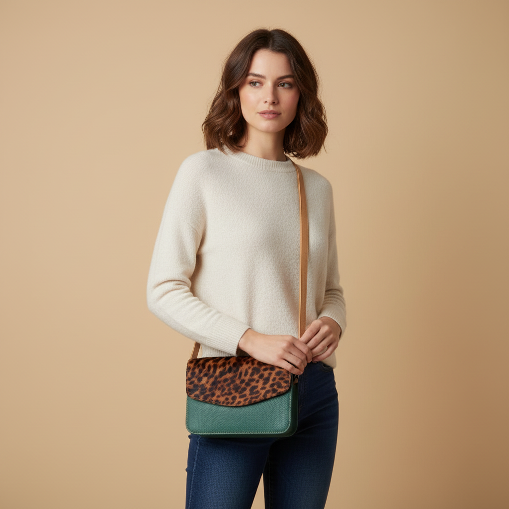 Woman holding a green and brown crossbody bag against a beige background