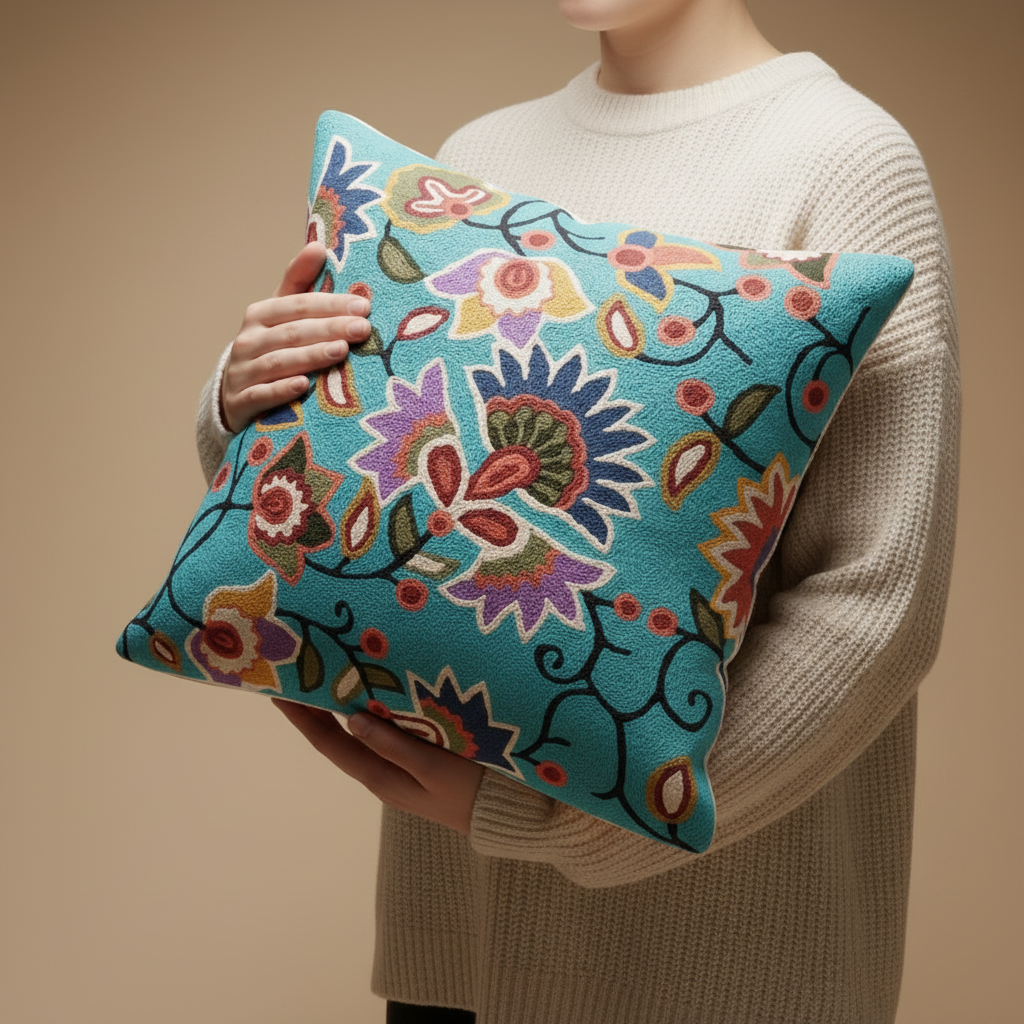 Kashmir Atelier – Zoya Turquoise Bloom Cushion (45 × 45 cm)