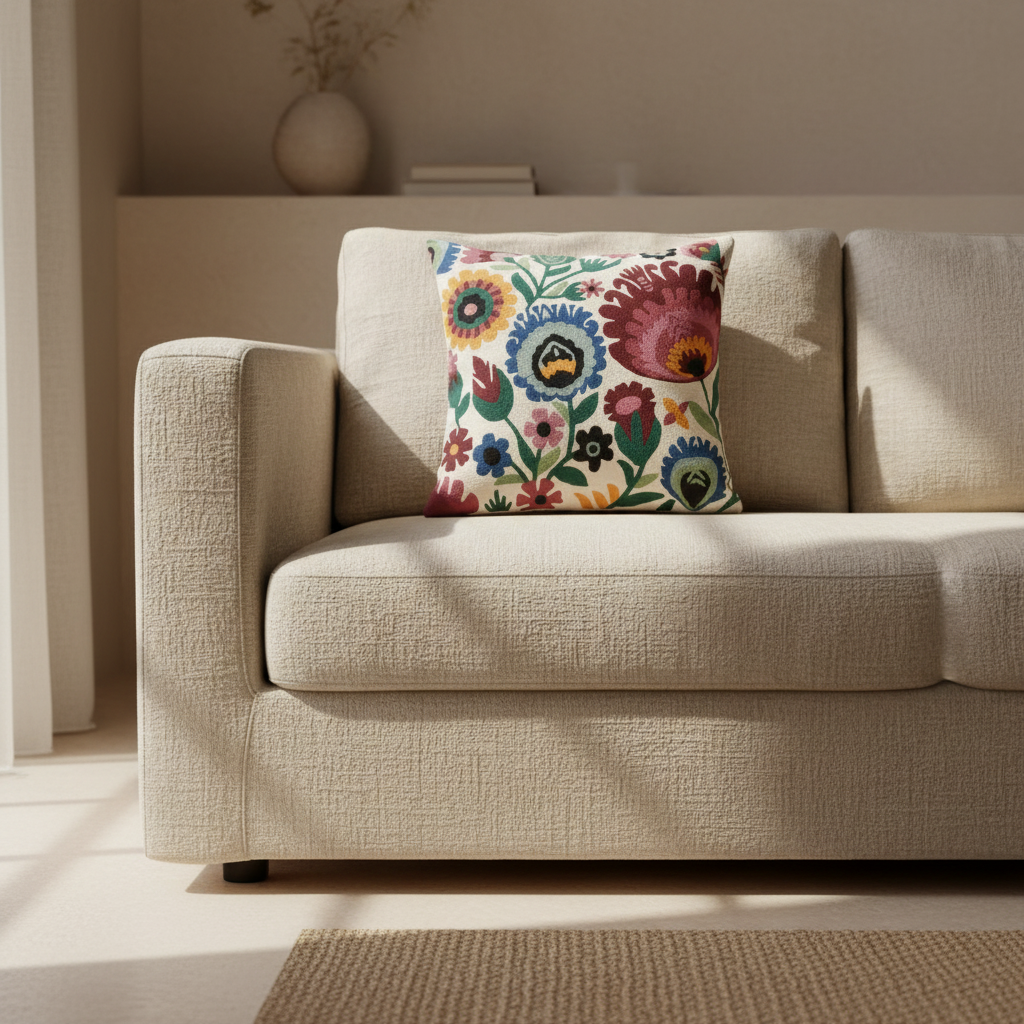 Decorative pillow with colorful floral pattern on a beige background