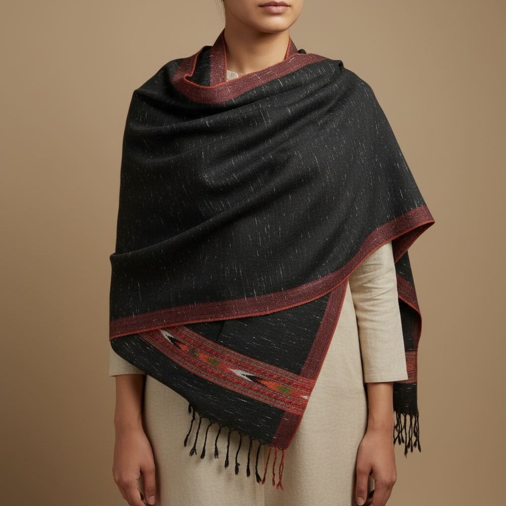 Black Kullu Wool Stole – Handwoven Himalayan Textile