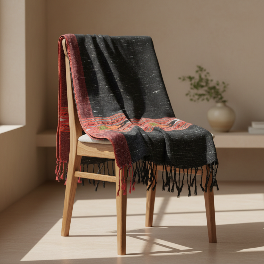 Black Kullu Wool Stole – Handwoven Himalayan Textile