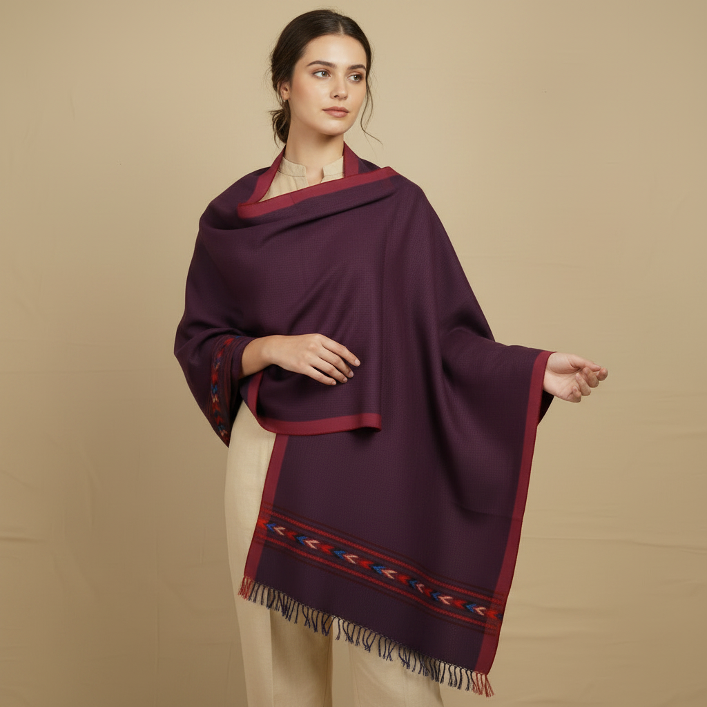 Woman wearing a dark purple shawl with red trim on a beige background