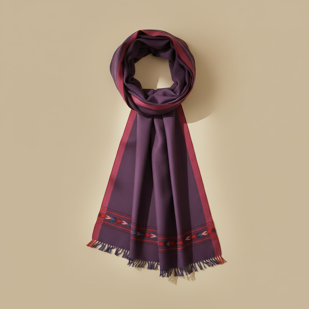 Purple scarf with red and blue patterns on a beige background