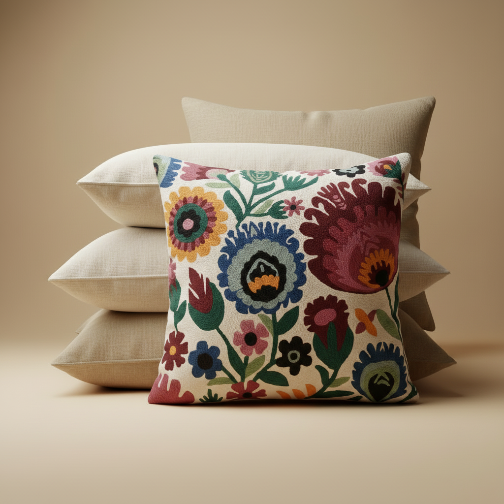 Decorative pillow with colorful floral pattern on a beige background