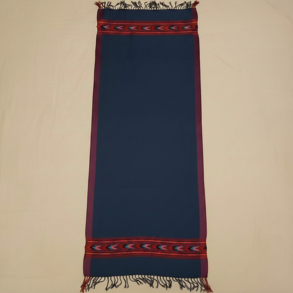 Navy blue fabric with red and gold border on a beige background