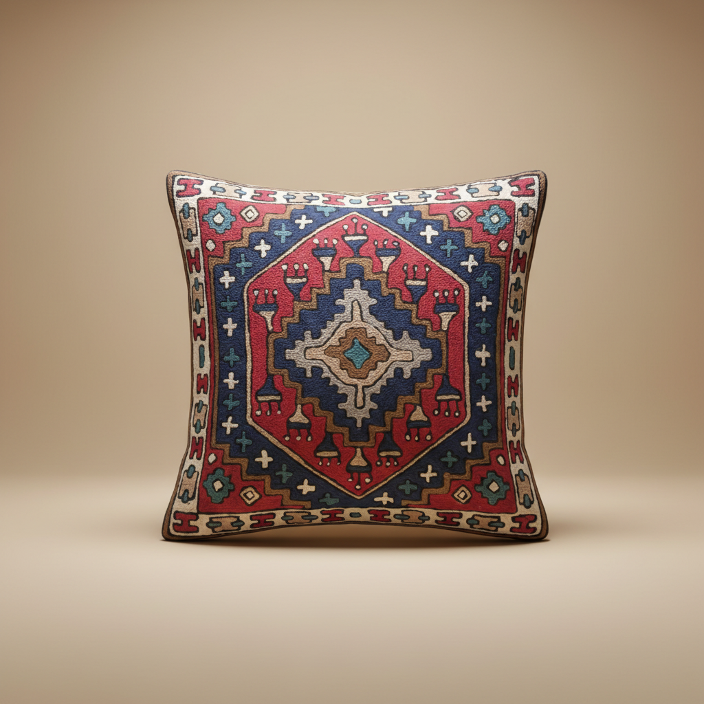 Decorative pillow with intricate pattern on a beige background
