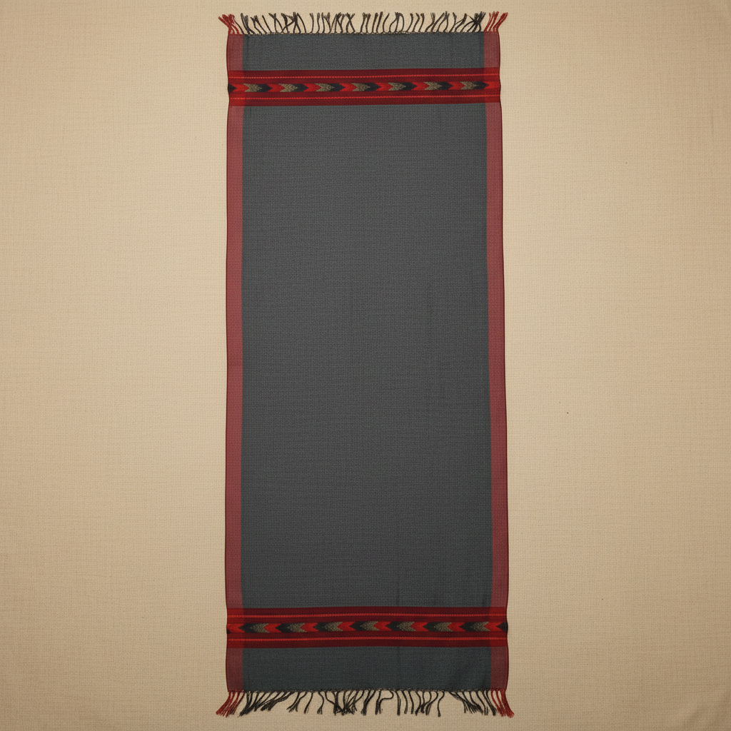 Gray woven blanket with red border and fringes on a beige background