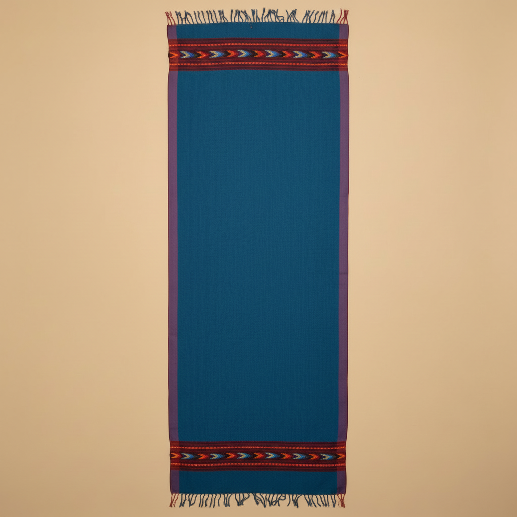 Blue scarf with patterned ends on a beige background
