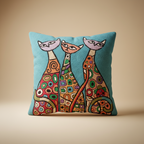 Decorative pillow with colorful cat design on a beige background