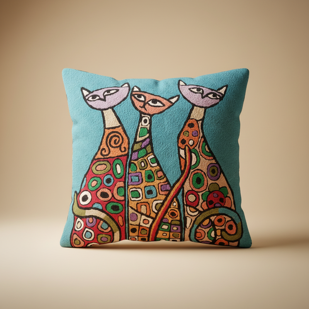 Decorative pillow with colorful cat design on a beige background