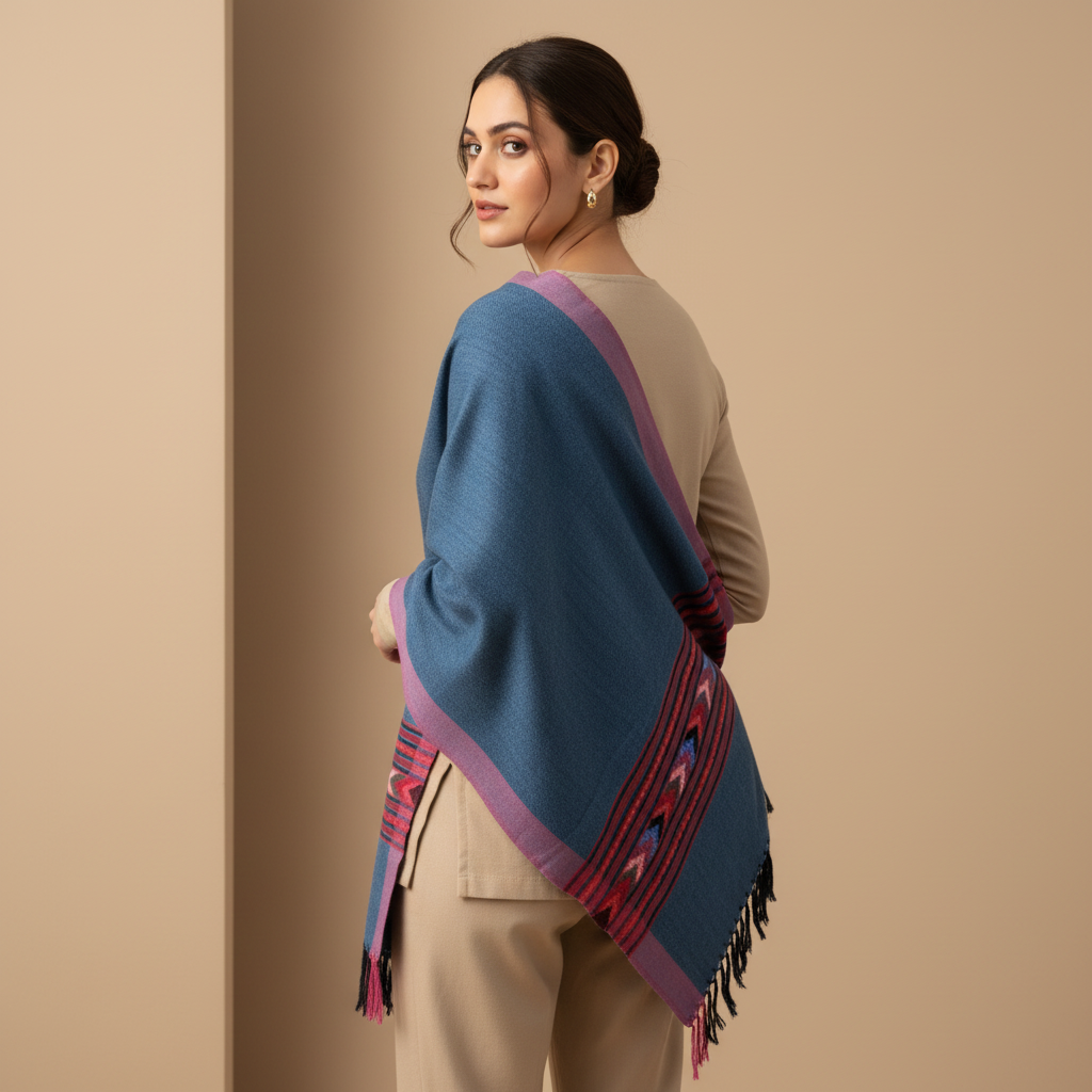 Woman wearing a blue and pink patterned shawl on a beige background