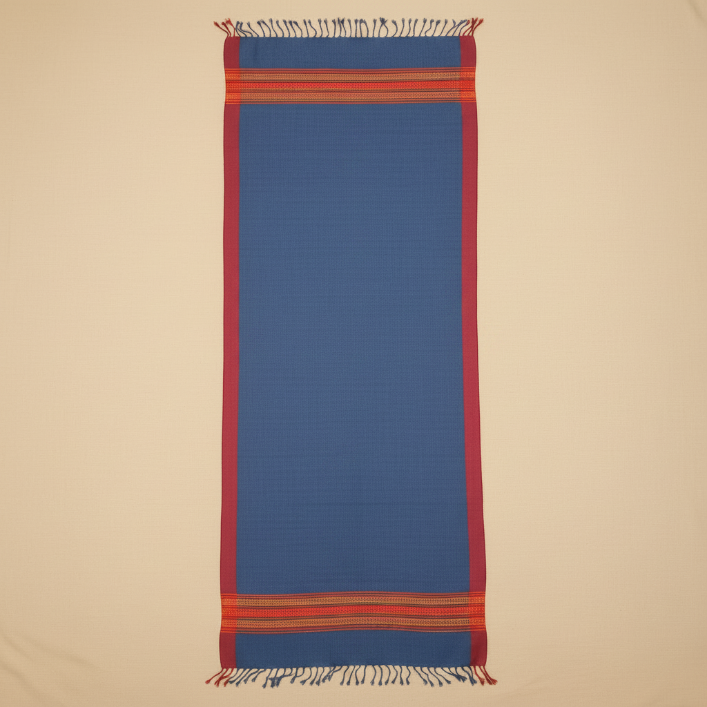 Blue woven fabric with red and orange stripes on a beige background