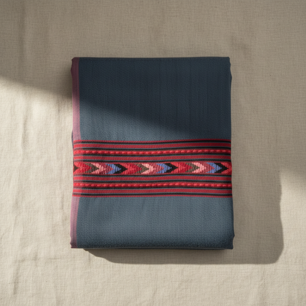 Folded fabric with a red and blue pattern on a beige surface