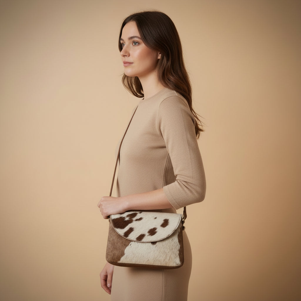 Brown and white cowhide leather bag on a beige background